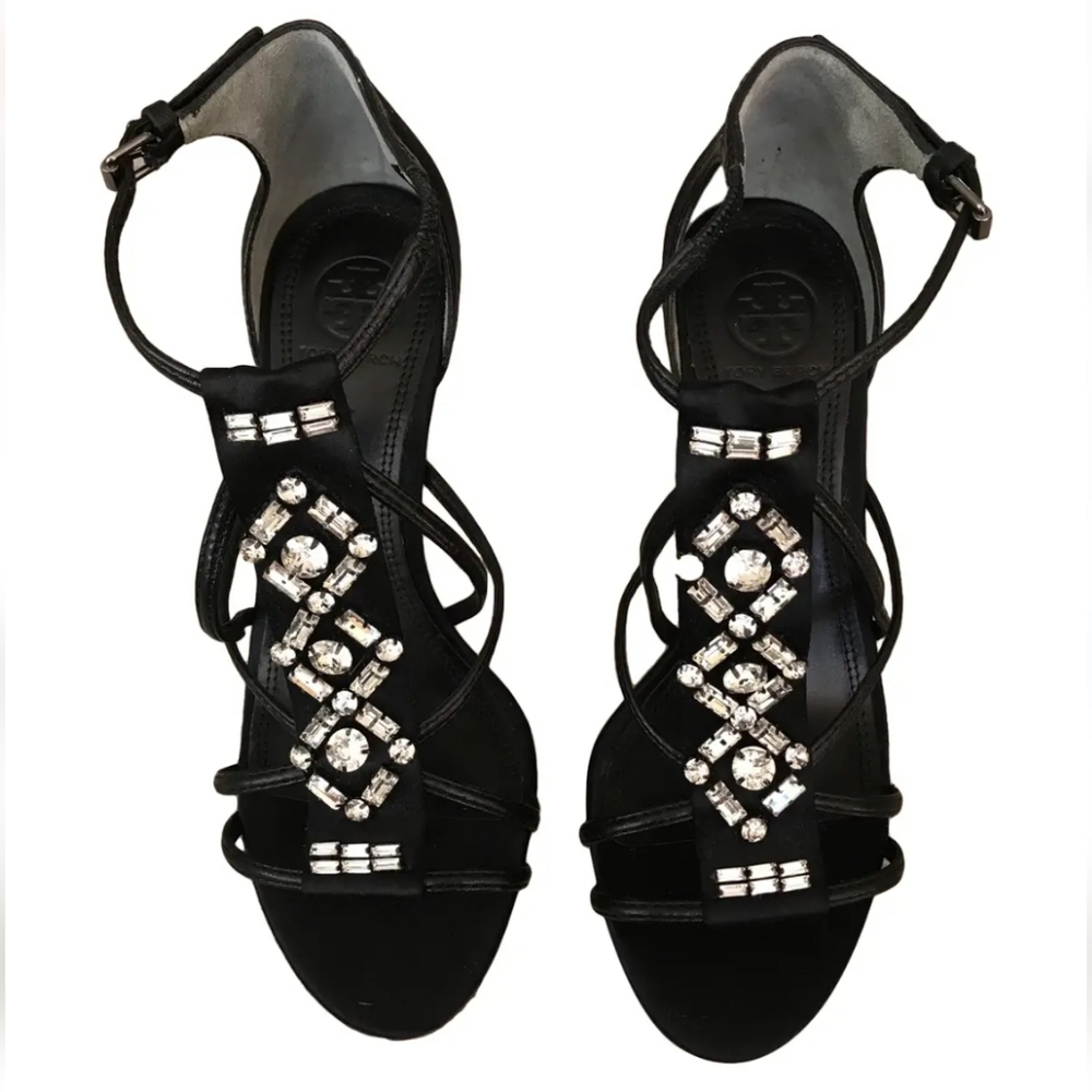 Tory Burch Black Satin and Crystal's with Leather sole Size 38.5 - Picture 4 of 11